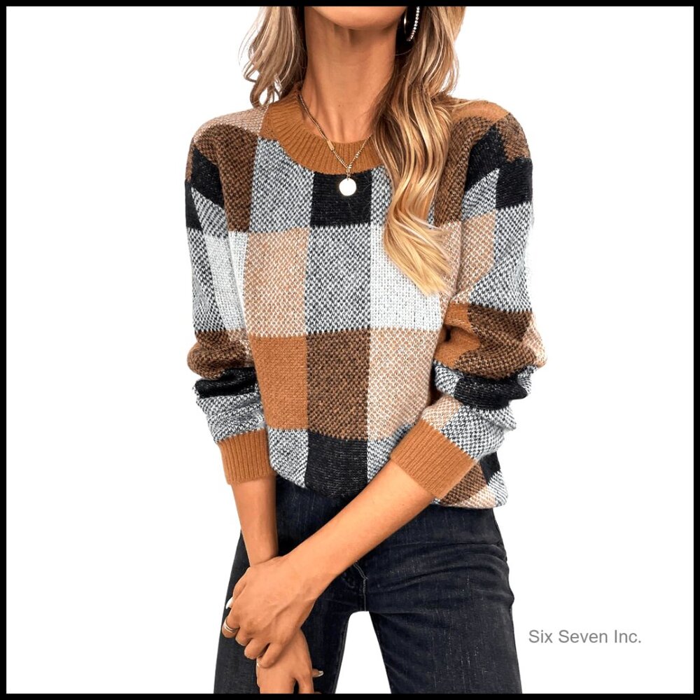 Argyle Checkered Sweater Plaid Long Sleeve Knit Pullover Classic Chic Fall
